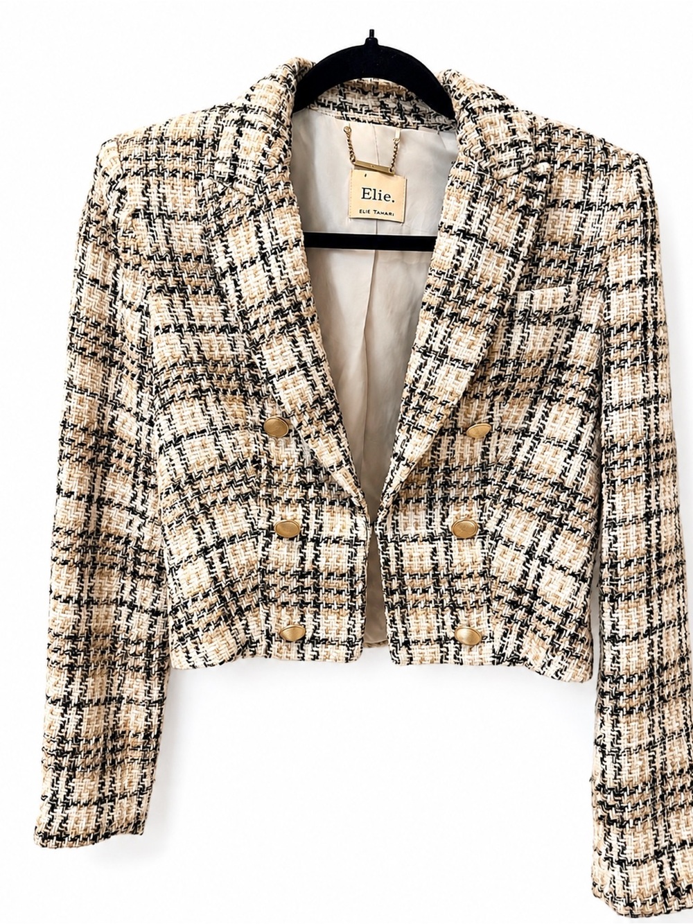 🍁Elie Tahari Cream and Black Plaid Cropped Tweed Blazer